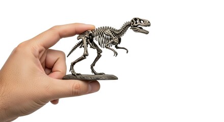 A hand holds a miniature dinosaur skeleton figurine against a stark white background