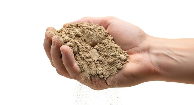 A hand holds a mound of lightbrown soil with some falling particles Isolated on a white background