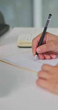 Hands, person and doctor writing in hospital for prescription, medical record and referral letter. Healthcare worker, folder and notes on diagnosis, treatment progress and patient chart for discharge