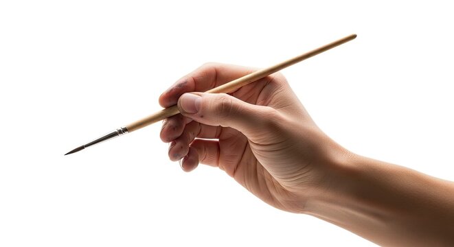 A hand holds a paintbrush bristles pointed left against a white background