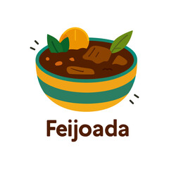 Delicious Brazilian Feijoada Stew in Vibrant Bowl with Orange and Herbs, Cartoon Food Illustration Ar