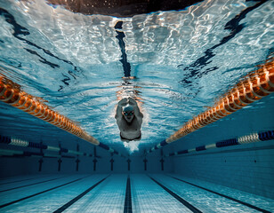 Underwater view of a swimmer in a competition pool with lane lines