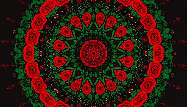 Symmetrical Red Rose Kaleidoscope on Black