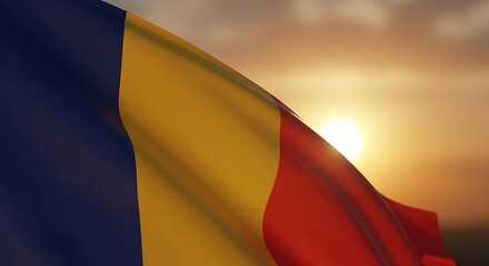 Romanian flag waving gently in the wind against a backdrop of a vibrant sunset, symbolizing national pride and a hopeful future.