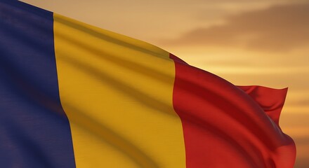 Romanian flag waving gently against a vibrant sunset sky, symbolizing national pride and unity in a picturesque outdoor setting, creating a patriotic and hopeful atmosphere.