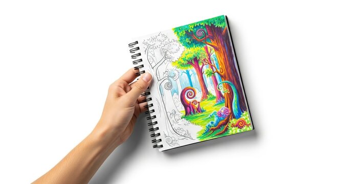 A hand holds a sketchbook with a partially colored whimsical forest illustration