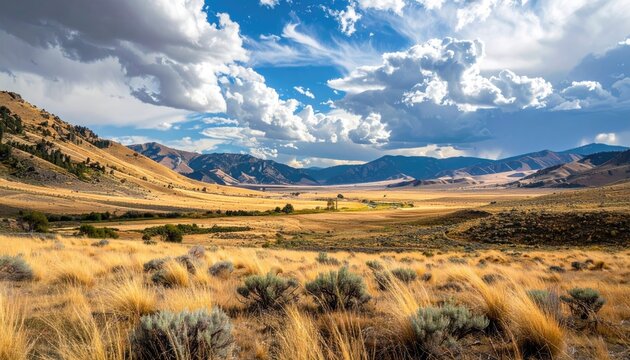 Expansive Golden Meadow Under a Dramatic Sky with Distant Mountain Ranges and Sparse Sagebrush Under Warm Sunlight - Powered by Adobe