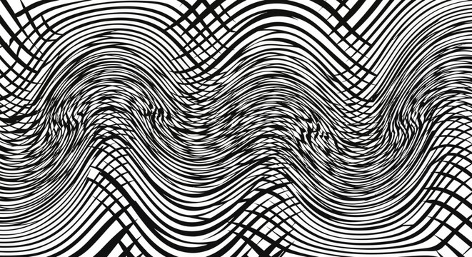 Abstract waves of intertwining lines create a mesmerizing, dynamic visual pattern with alternating black and white