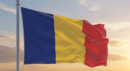 Romanian flag waving proudly against a bright, sunny sky at sunset, symbolizing national pride and unity in a patriotic and hopeful scene.