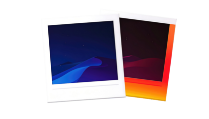 Two stylized photos, one in blue tones and the other in red/orange, show a dark desert landscape under a starry sky