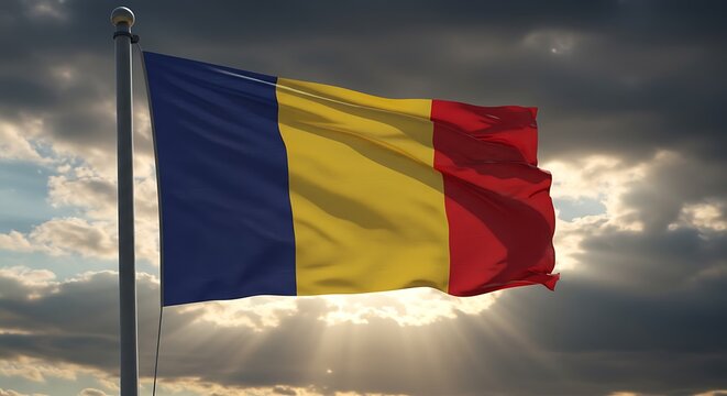Romanian flag waving proudly against a dramatic sky with sun rays piercing through the clouds, symbolizing national pride and resilience.