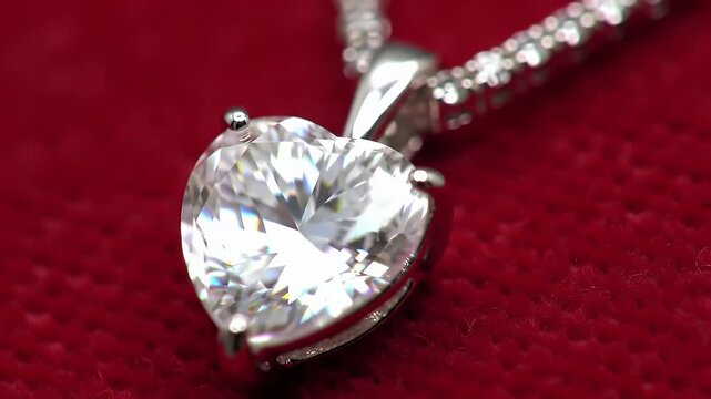 Close Up Of A Heart Shaped Diamond Pendant Necklace With A Sparkly Chain On A Red Velvet Background With Dramatic