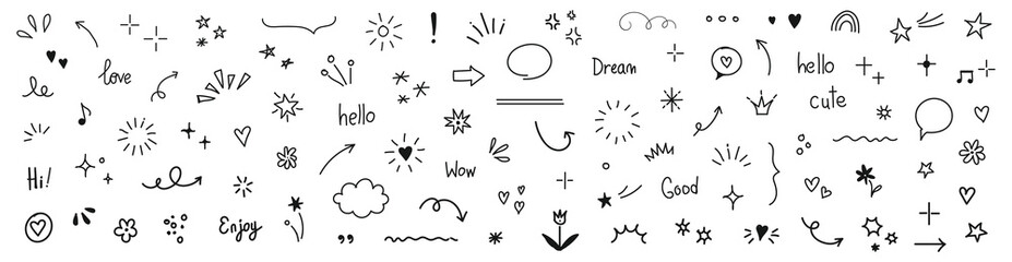 Cute hand drawn icons set. Doodle arrows, stars, hearts, and flower symbols with sketch lines and decoration elements. Simple vector cartoon design.