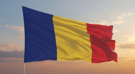 Romanian flag waving gently against a serene sky at sunset, symbolizing national pride and unity in a peaceful atmosphere.