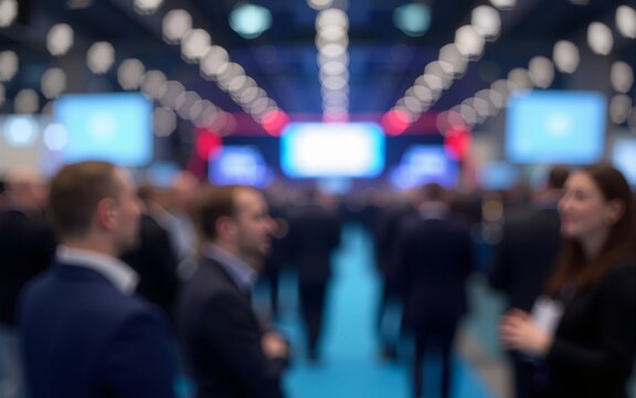 Convention Center Blur: A blurred background of a convention center or large event space, with people gathered for a business event. High quality