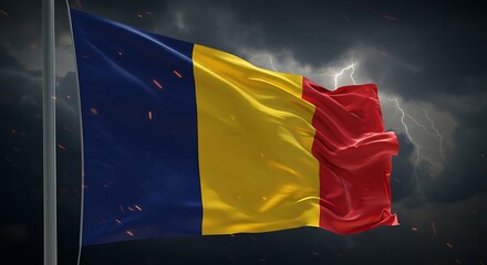 Romanian flag waving proudly against a stormy sky with lightning strikes, symbolizing resilience and national pride amidst challenging weather conditions.