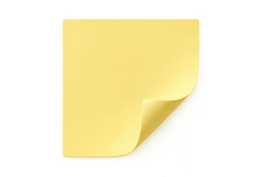 Blank yellow sticky note with curled edge for reminder, message, or task on transparent background