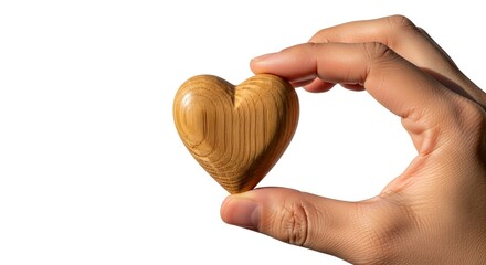 Obraz premium A hand holds a wooden heart against a white backdrop