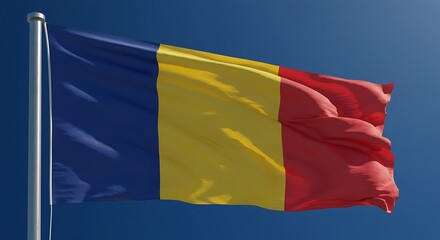 Romanian flag waving proudly against a clear blue sky, symbolizing national pride and identity on a bright, sunny day in Bucharest, Romania.