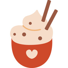 Delightful creamy hot chocolate drink topped with whipped cream and cinnamon sticks in a red mug with a heart design on a transparent background ideal for cozy winter moments