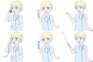 電話をかける、マルバツ棒を持つ、案内する若い女性看護師。可愛いナースのクリップアート6点セット