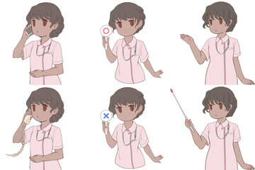 電話をかける、マルバツ棒を持つ、案内する若い女性看護師。可愛いナースのクリップアート6点セット