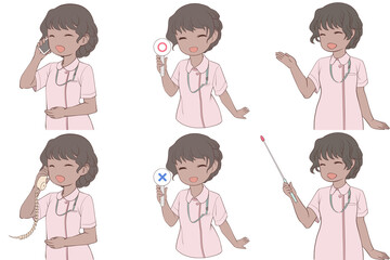 電話をかける、マルバツ棒を持つ、案内する若い女性看護師。可愛いナースのクリップアート6点セット