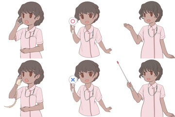 電話をかける、マルバツ棒を持つ、案内する若い女性看護師。可愛いナースのクリップアート6点セット