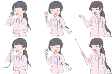 電話をかける、マルバツ棒を持つ、案内する若い女性看護師。可愛いナースのクリップアート6点セット