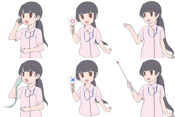 電話をかける、マルバツ棒を持つ、案内する若い女性看護師。可愛いナースのクリップアート6点セット