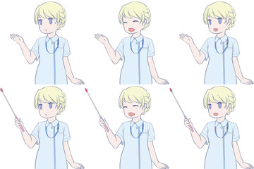 案内する女性看護師、指し棒を持つナース服の女性。説明する若い女性のクリップアート6点セット