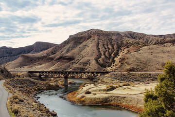 Train Trestle over the River in the Wind River Canyon Scenic Byway  in Central Wyoming.