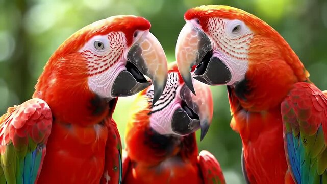 Vibrant Scarlet Macaws Close Up Portrait Displaying Bright Red Feathers with Green and Blue Wing Accents on Soft Green