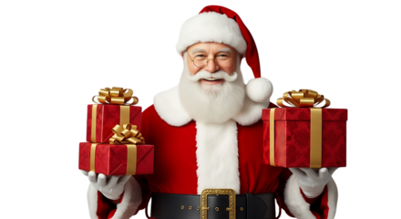 Joyful Santa Claus shares festive red gift boxes with golden bows, spreading holiday cheer and holiday spirit to all