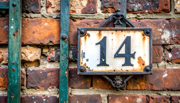 Weathered number 14 sign on a rustic brick wall