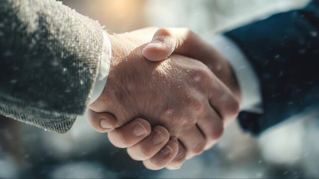 Two people shaking hands in winter snow as a sign of agreement and trust during an outdoor business meeting