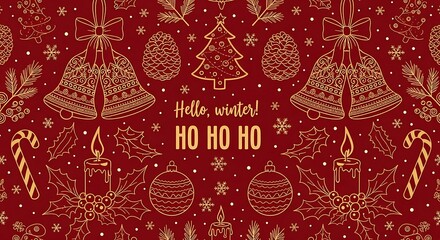 Festive golden holiday pattern with Christmas bells, trees, candles, and snowflakes on a rich red background, perfect for seasonal celebrations.
