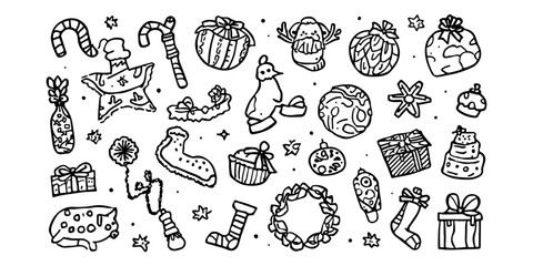 Set of christmas doodles isolated on white background. handrawn christmas element stock design