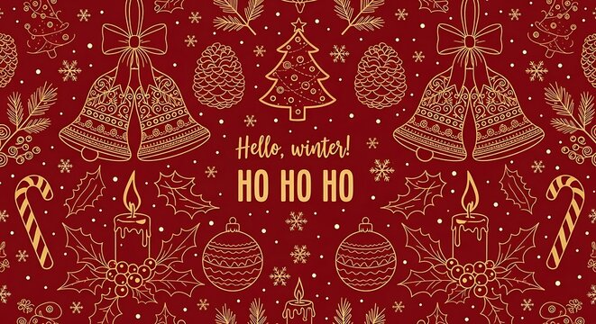 Festive golden holiday pattern with Christmas bells, trees, candles, and snowflakes on a rich red background, perfect for seasonal celebrations.