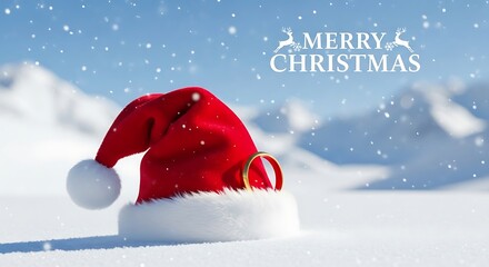 Magical Christmas proposal idea with Santa hat and gold ring in snowy landscape, perfect for holiday romance and festive celebration announcements