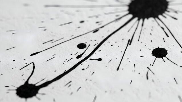 Black Ink Splashes on White Paper Artistic Abstract Background for Creative Design