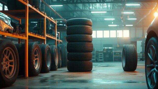 Stacked tires in an automotive workshop showcasing a busy tire storage area during daylight hours