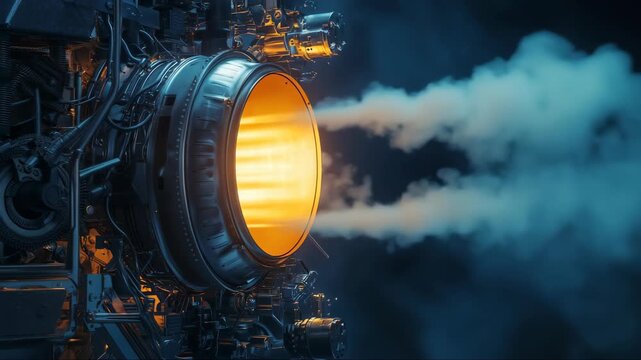 Jet engine emitting flames and vapor, showcasing advanced engineering in aerospace technology