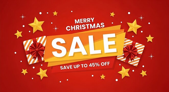 Unwrap incredible savings with this vibrant Merry Christmas sale banner offering up to 45% off festive gifts and deals!