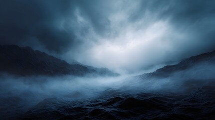 Obraz premium Dramatic stormy sea with turbulent waves under dark cloudy skies and dense fog