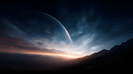 Fototapeta premium Dramatic twilight over a barren mountainous alien landscape with a large planet in the sky