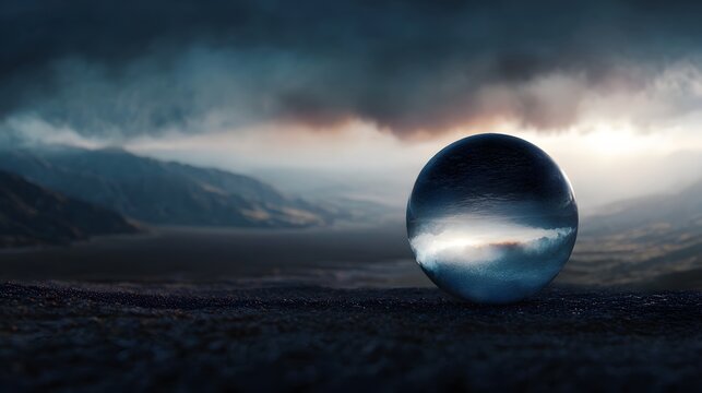 A dramatic reflective sphere sits on a rocky terrain beneath a stormy ethereal mountain landscape at dawn