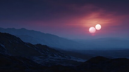 Alien planet landscape at twilight with two suns setting over rugged mountains