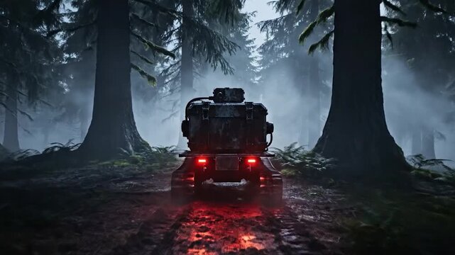 Mysterious Vehicle Navigates Dense Forest at Night.