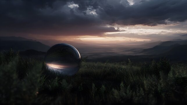 A reflective glass sphere captures a dramatic sunset over misty mountains and grassy hills at dusk